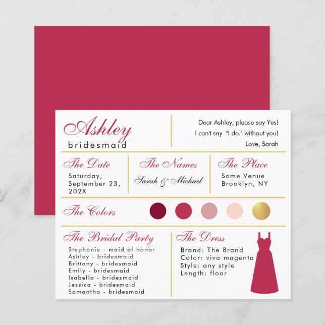 Carte d'information Bridesmaid Modern Magenta Gold (Devant / Derrière)