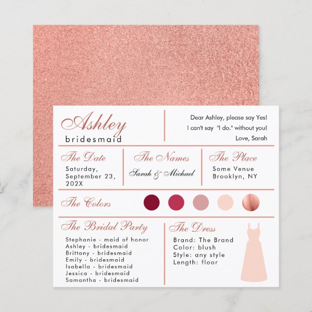 Carte d'information Bridesmaid Rose Gold Blush Pin (Devant / Derrière)