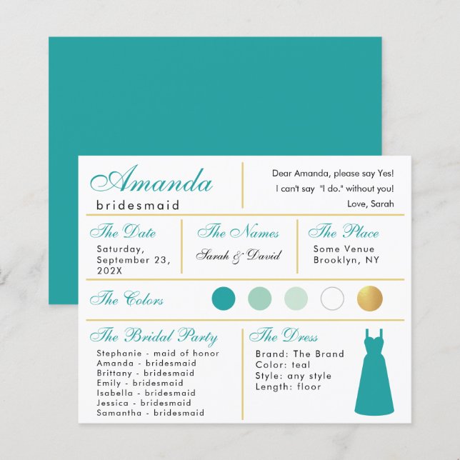 Carte d'information Bridesmaid Turquoise Faux Gold (Devant / Derrière)