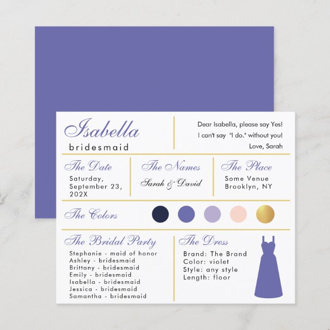 Carte d'information Bridesmaid Violet Purple Gold (Devant / Derrière)