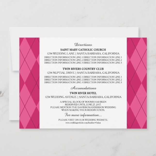 Carte d'information de mariage Argyle rose (Devant)