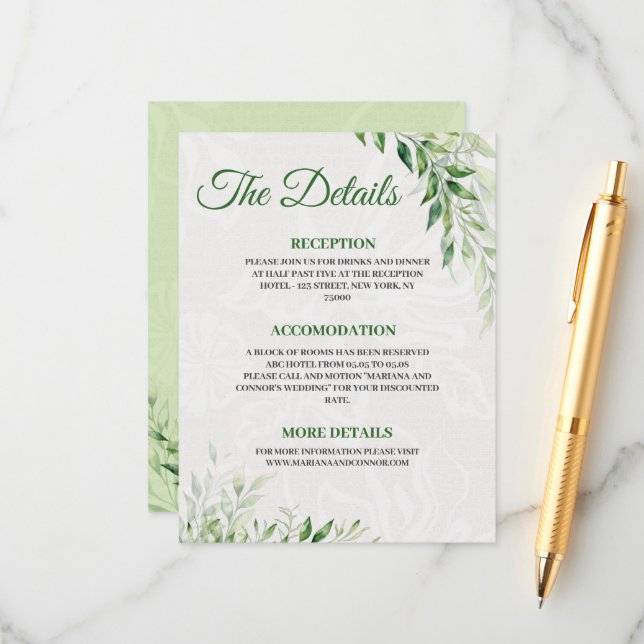 Carte d'information de mariage botanique verte (Devant/Arrière en situation)