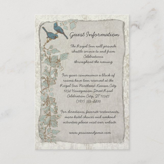 Carte d'information de Mariage damassé aux oiseaux (Devant)