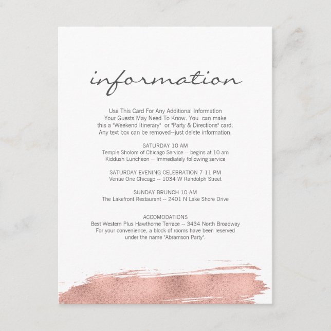 Carte d'information du Bat mitzvah rose Gold (Devant)