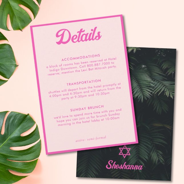 Carte d'information pour Bat Mitzvah Tropical Rose (Pink Tropical Bat Mitzvah Details Enclosure Card
)