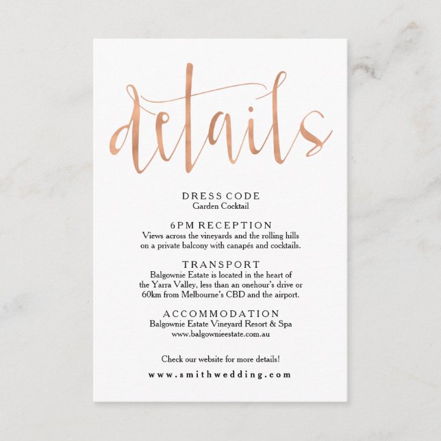 Carte d'information sur le Mariage rose Gold (Devant)