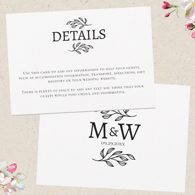 Carte d'information sur les initiales du monogramm (Wedding details information enclosure card with couple monogram initials and botanical leaf line art)