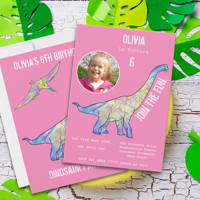 Carte Dinosaur Brachiosaurus Filles Anniversaire rose Ph (Dinosaur brachiosaurus girls pink birthday party invitation with photo template)
