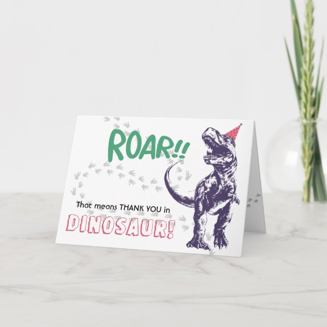 Carte Dinosaur T-Rex Casquette de fête rose et Merci pou (Devant)