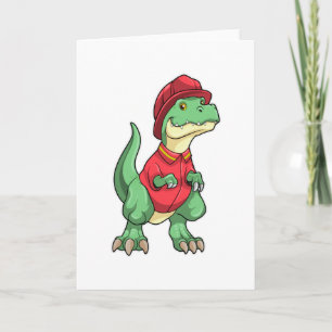 Carte Dinosaure en pompier avec casque de pompier