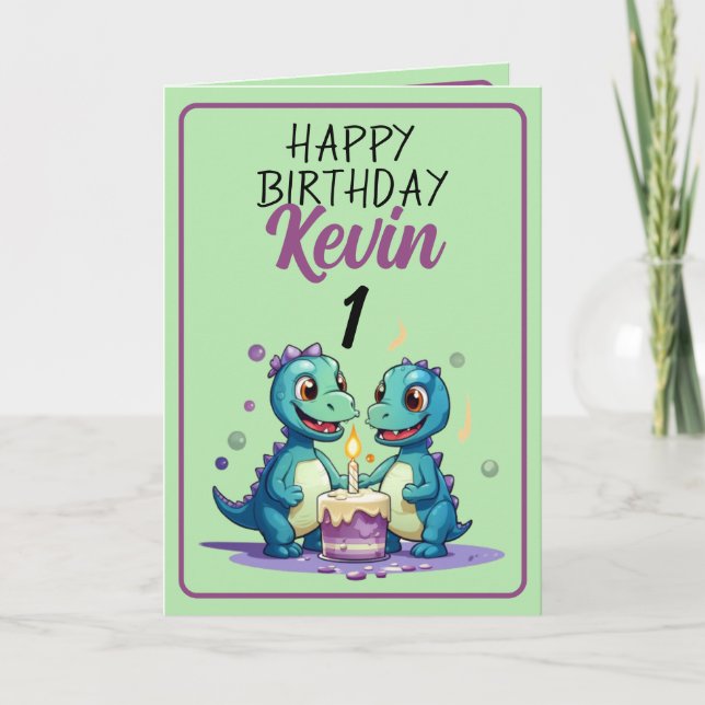 Carte Dinosaures vert mignon et pourpre Garçon 1er anniv (Devant)