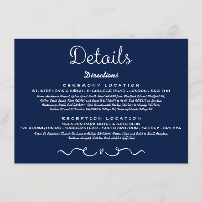 Carte d'insertion de détails mariage | Bleu de mar (Devant)