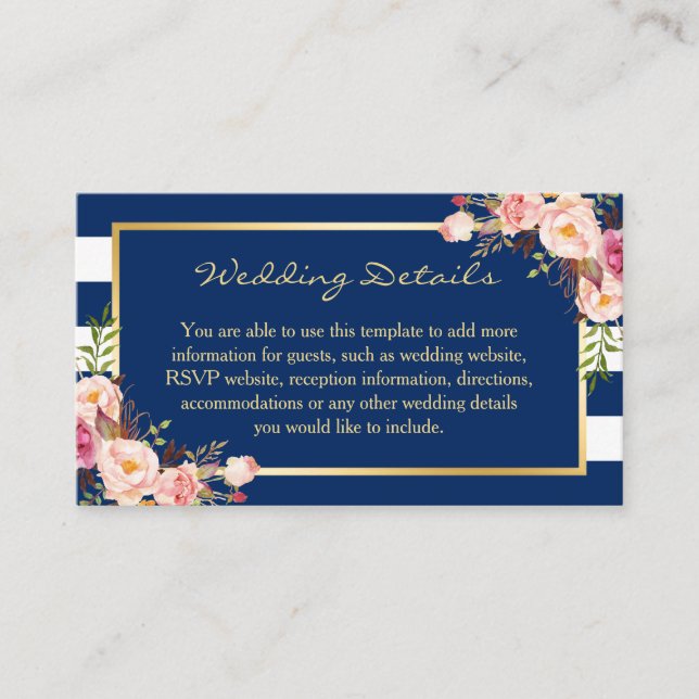 Carte d'insertion de Mariage Floral Navy Blue Stri (Devant)