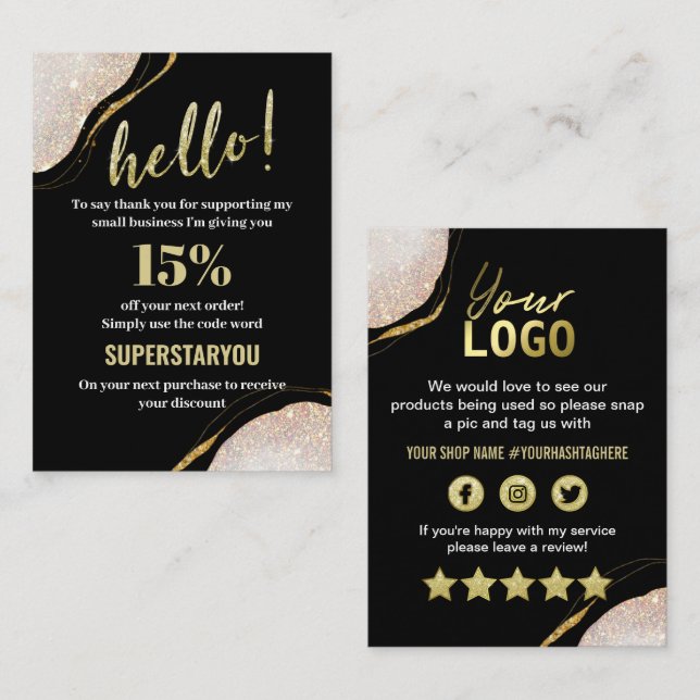 Carte d'insertion en or noir professionnel Merci (Devant / Derrière)