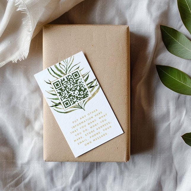 Carte d'insertion Leaf et QR Code pour les command (Customer order insert card with a green and gold palm leaf with qr code inside and message below)