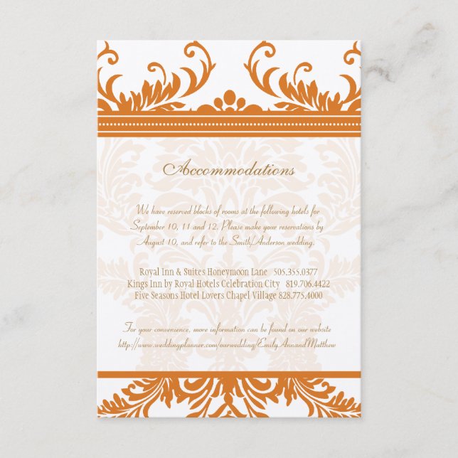 Carte d'insertion Mariage damassé orange et ivoire (Devant)