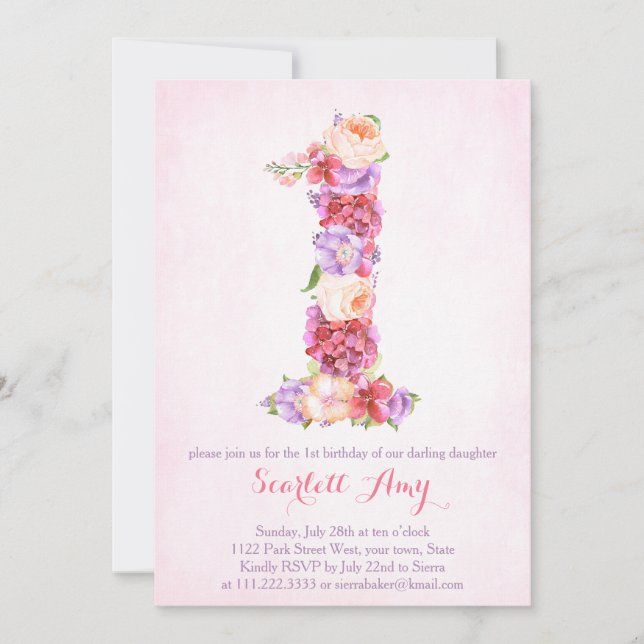 carte d'invitation 1er anniversaire fleurie avec n (Devant)