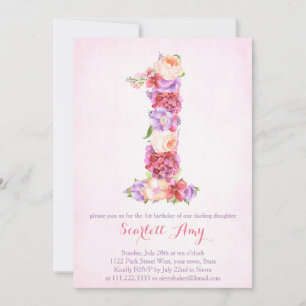 carte d'invitation 1er anniversaire fleurie avec n