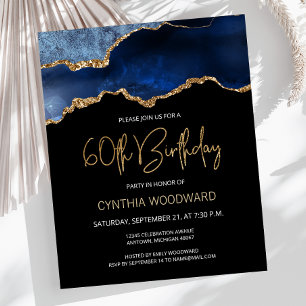 Carte d'invitation 60 ans Budget Blue Gold Agate