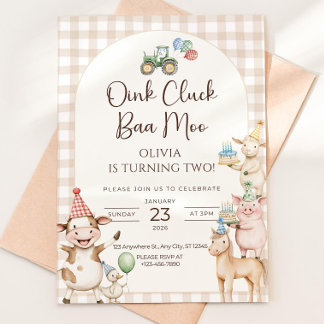 Carte d'invitation anniversaire 2 ans Oink Baa Moo