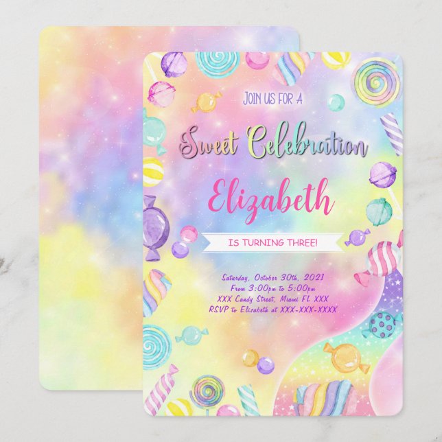 Carte d'invitation anniversaire bonbons modifiable (Devant / Derrière)