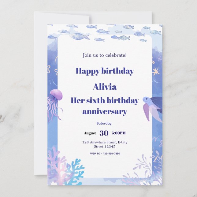 Carte d'invitation anniversaire de enfant sous-mar (Devant)