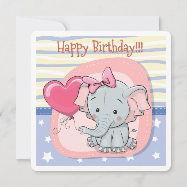 Carte d'invitation anniversaire d'éléphant mignon (Devant)