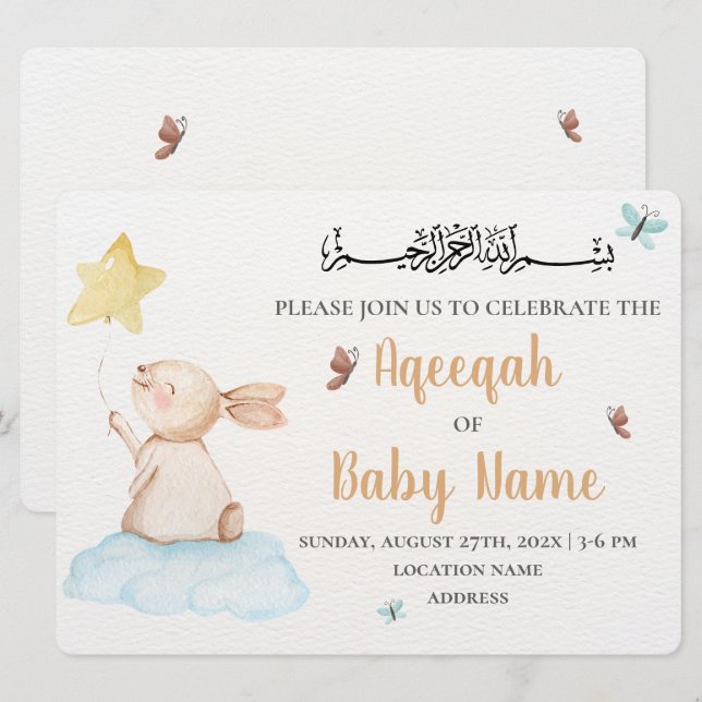 Carte d'invitation Aqeeqah neutre et mignonne modi (Devant / Derrière)