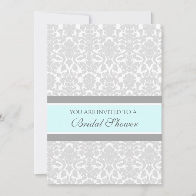 Carte d'invitation Aqua Grey Damask Bridal Showbac (Devant)