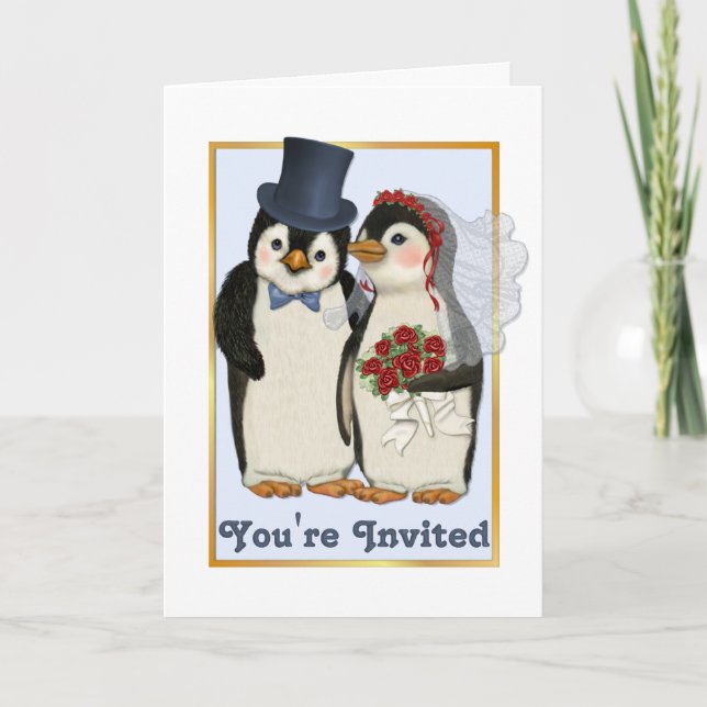 Carte d'invitation au mariage de pingouins - Vous  (Devant)