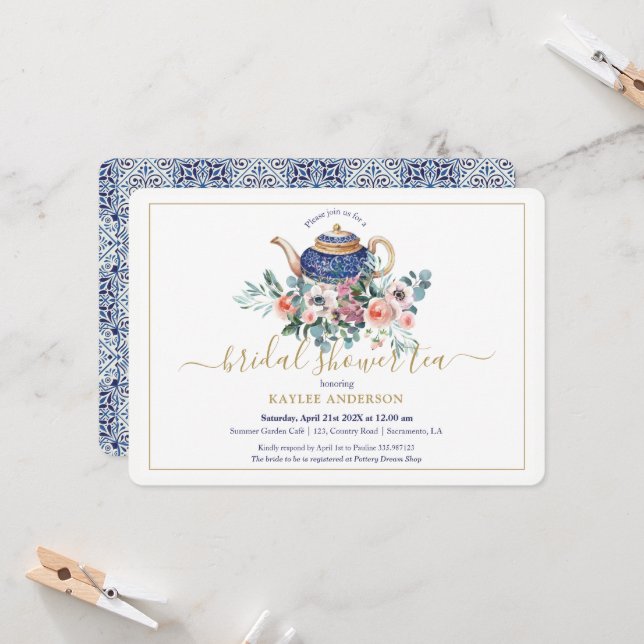 Carte d'invitation au thé à la Fête des mariées fl (Devant/Arrière en situation)
