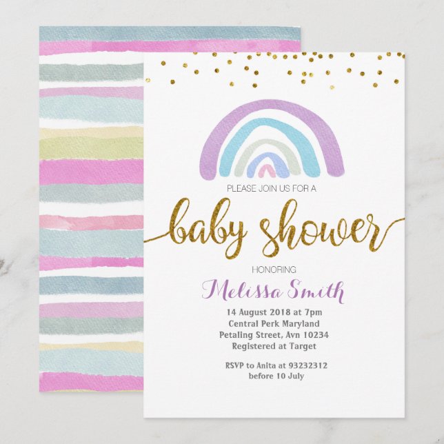 Carte d'invitation baby shower arc-en-ciel violet (Devant / Derrière)
