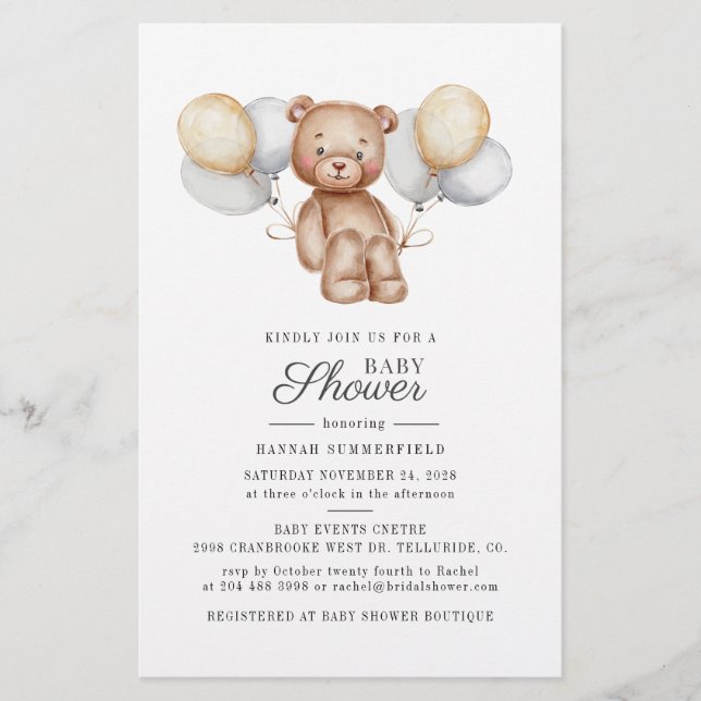 Carte d'invitation Baby shower de ballons d'ours b (Devant)