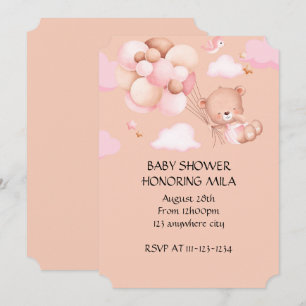 CARTE D'INVITATION BABY SHOWER FILLE OURS EN PELUC