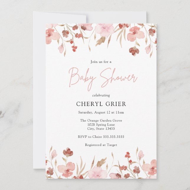 Carte d'invitation Baby shower rose florale fille (Devant)