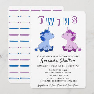 Carte d'invitation Baby shower Unicorn Twins