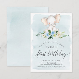 Carte d'invitation Blue Elephant First Birthday