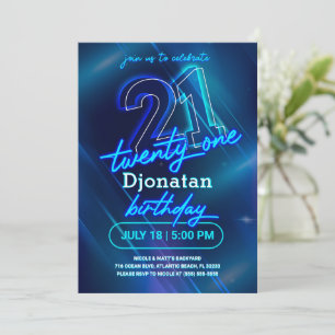 Carte d'invitation Blue Neon 21e anniversaire