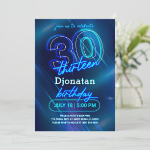 Carte d'invitation Blue Neon 30th Birthday Party