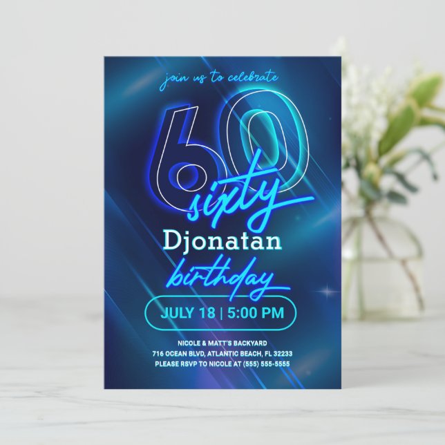 Carte d'invitation Blue Neon 60th Birthday Party (Debout devant)