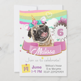 carte d'invitation bouledogue, Pug Licorne Chien C