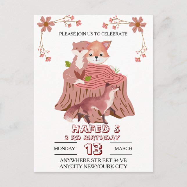 Carte d'invitation d'anniversaire Animaux de la fo (Devant)
