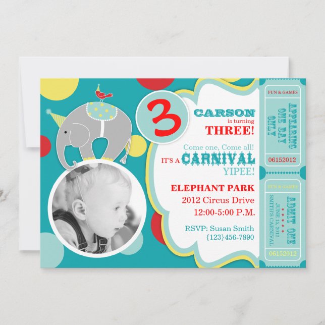 Carte d'invitation d'anniversaire Circus Elephant  (Devant)