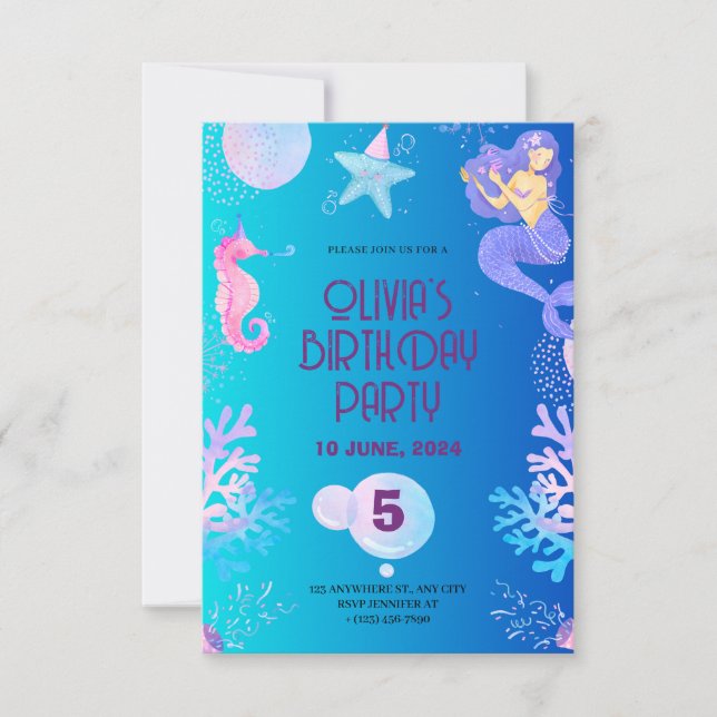 Carte d'invitation d'anniversaire de la sirène (Devant)