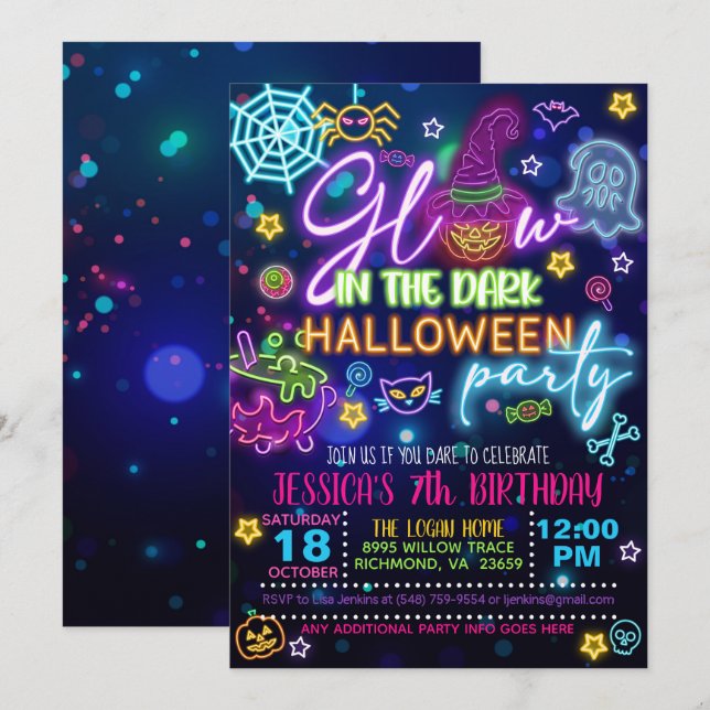 Carte d'invitation d'anniversaire Halloween qui br (Devant / Derrière)