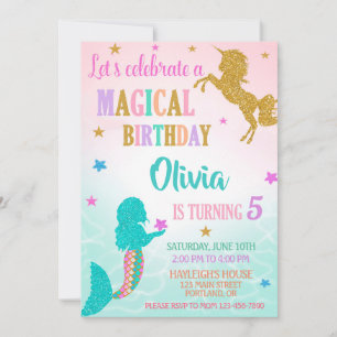 Carte d'invitation d'anniversaire licorne sirène F