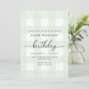 Carte d'invitation d'anniversaire verte à carreaux