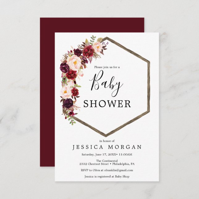 Carte d'invitation de Baby shower Boho Burgundy (Devant / Derrière)