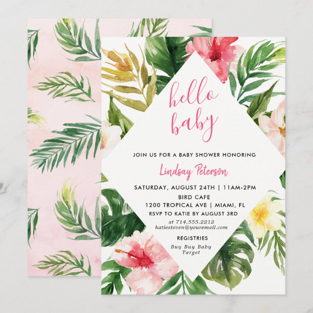 Carte d'invitation de Baby shower Feuilles tropica (Devant / Derrière)