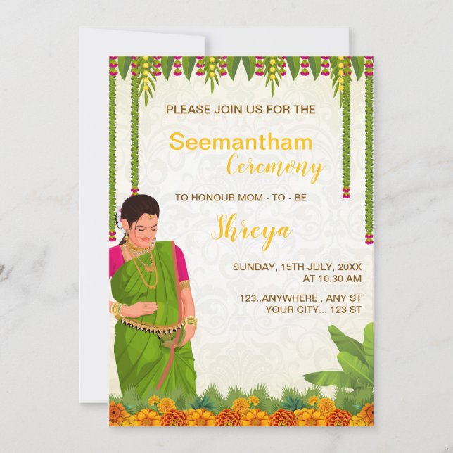Carte d'invitation de Baby shower indien, Seemanth (Devant)